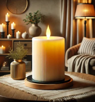 LED candle with warm flame on a cozy wooden table